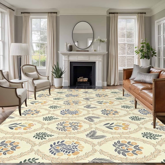 Yellow Flower Pattern Area Rugs 8'x10', Small Throw Rugs for Living Room Patio, Vintage Botanical Floral Simple Yellow Indoor Outdoor Rug Non-Slip Low Pile Carpet Runner Reversible Floor Mats