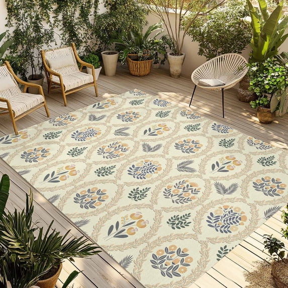 Yellow Flower Pattern Outdoor Rug for Patio/Deck/Porch, Non-Slip Large Area Rug 6 x 9 Ft, Vintage Botanical Floral Simple Yellow Indoor Outdoor Rugs Washable Area Rugs, Camping Rug Carpet Runner