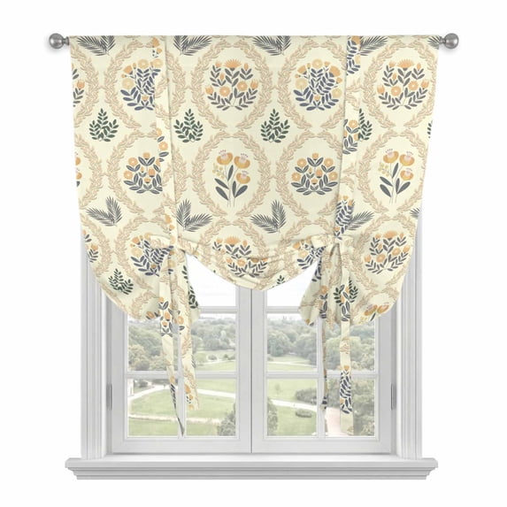 Yellow Flower Pattern Tie Up Curtains for Windows, Balloon Window Shades, Vintage Botanical Floral Simple Yellow Kitchen Window Treatments Roll Up Curtain for Basement/Nursery 52"x45"