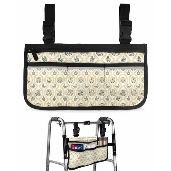 Yellow Flower Pattern Wheelchair Bag with Cup Holder Walker Bag with Reflective Stripes for Seniors Wheel Chair Accessories for Adults Vintage Botanical Floral Simple Yellow Wheelchair Side Bags