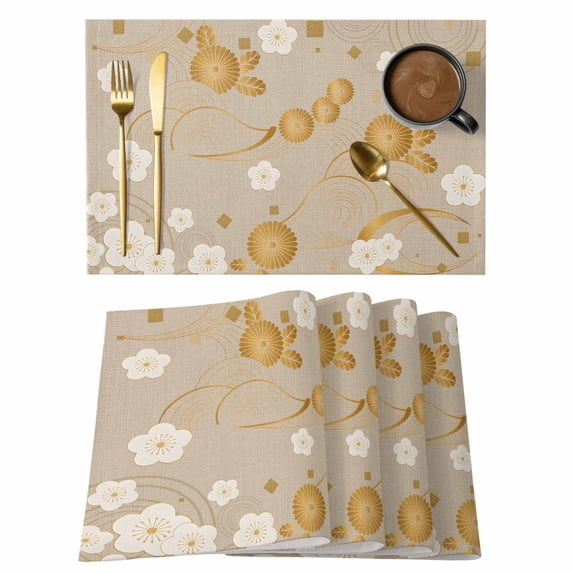Yellow Flower Placemats Set of 12, Japanese Style Floral Leaf on Linen Placemats for Dining Table, Place Mats for Kitchen Tabletop, Waterproof Wipeable Dining Table Mats Set