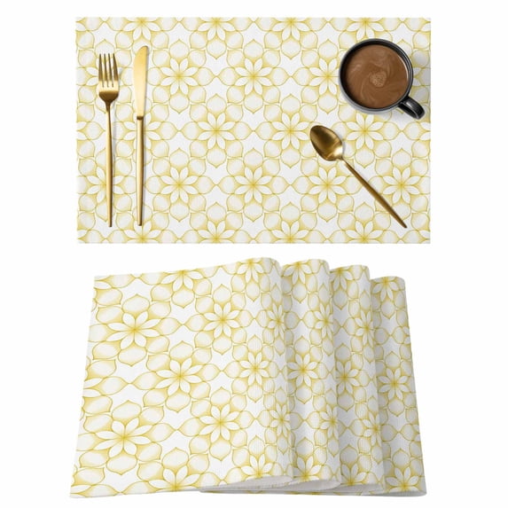 Yellow Flower Placemats Set of 4, Retro Tribal Art Abstract Monochrome Texture Placemats for Dining Table, Place Mats for Kitchen Tabletop, Waterproof Wipeable Dining Table Mats Set