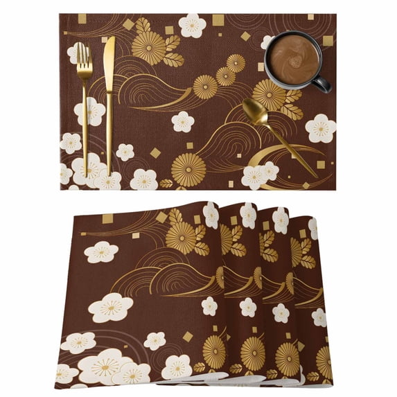Yellow Flower Placemats Set of 6, Japanese Style Floral Leaf Textured Red Placemats for Dining Table, Place Mats for Kitchen Tabletop, Waterproof Wipeable Dining Table Mats Set