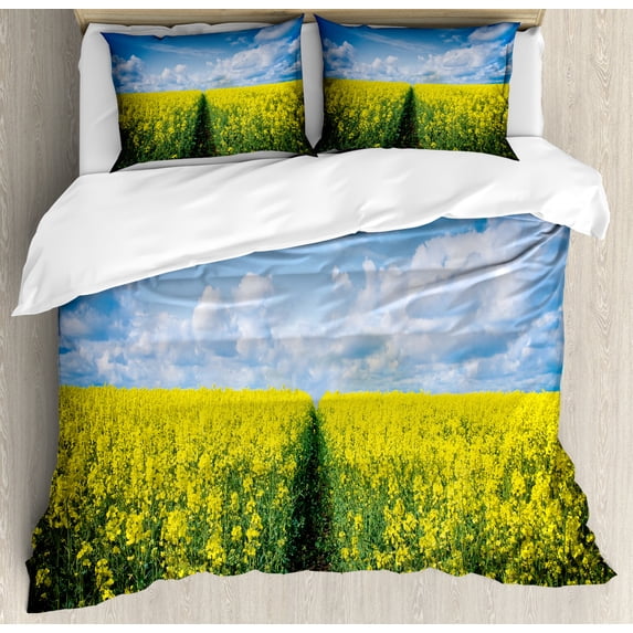 Yellow Flower Queen Size Duvet Cover Set, Pathway Through Meadow of Canola Flowers with Clear Blue Sky Farmland Field, Decorative 3 Piece Bedding Set with 2 Pillow Shams, Yellow Blue, by Ambesonne