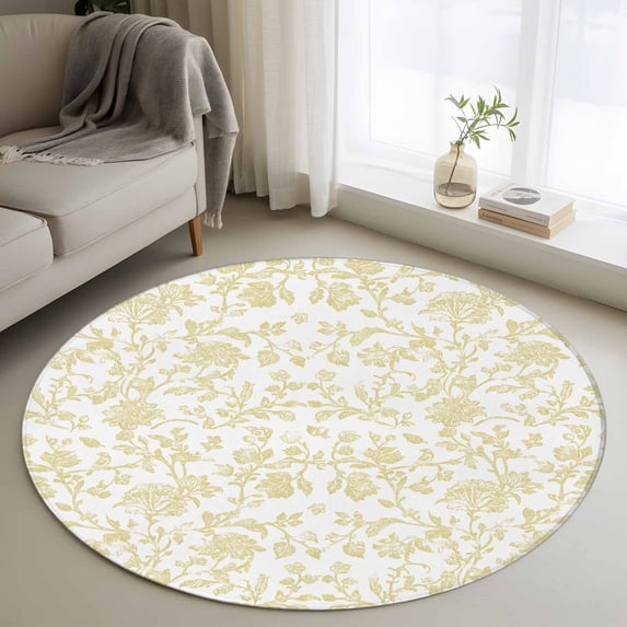 Yellow Flower Round Area Rug 4 FT, Non Slip Indoor Outdoor Rug, Vintage Farmhouse Boho Leaf Spring Plant Washable Soft Circular Carpet Non-Shedding Floor Mat for Coffee Table Nursery Foyer Balcony