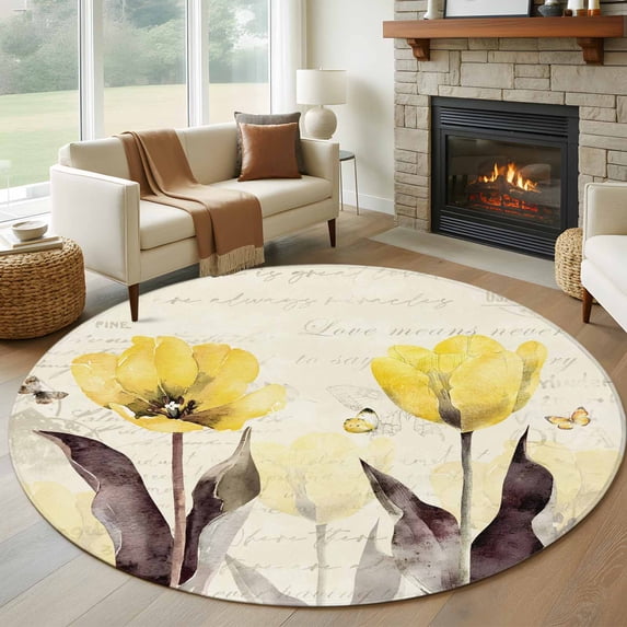 Yellow Flower Round Rug 7ft Washable Circle Rugs Non Slip Farmhosue Country Vintage Butterfly Floral Large Area Rug Indoor Floor Carpet for Bedroom Kitchen Living Room Home Office Dining Room Nursery