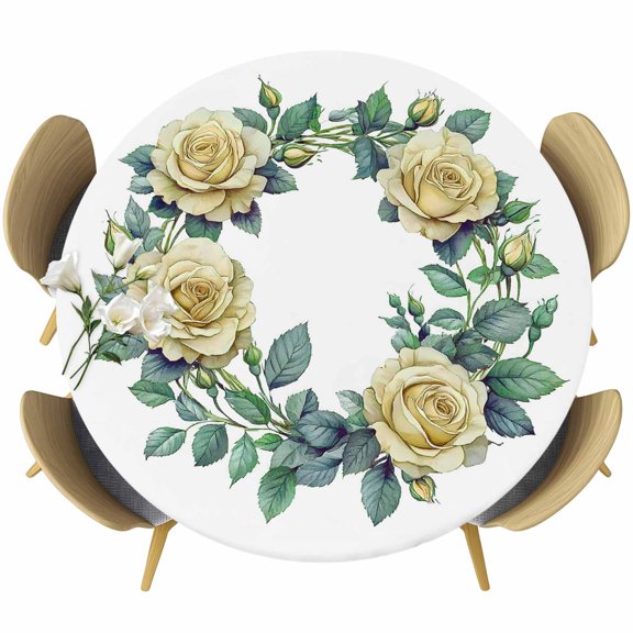 Yellow Flower Round Tablecloth 36-44 Inch Round Fitted Table Cloth with Elastic Edge, Watercolor Rose Spring Plant Leaf Painting Waterproof Table Cover Protector for Outdoor Picnic Party Dining