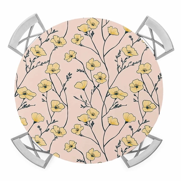 Yellow Flower Round Tablecloth for 36-44 Inch Tables,Fitted Table Cover with Elastic Edge,Tree Branch Leaves Spring Botanical Plant Waterproof Outdoor Table Cloth Protector for Patio Garden Dinner