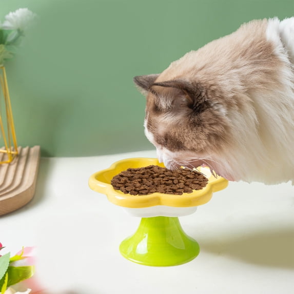 Yellow Flower Shaped Elevated Ceramic Cat Bowl, Raised Cervical Protection Pet Food & Water Dish for Whisker Relief