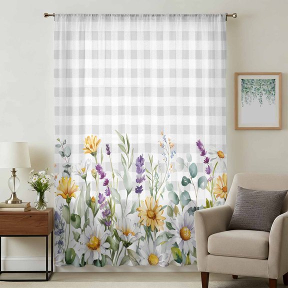 Yellow Flower Sheer Curtains 54 Inches Long, Country Eucalyptus Lavender Daisy Plaid Grey Light Filering Curtains, Breathable Simi Curtain Privacy Drapes for Kitchen Bathroom Small Window Treatment