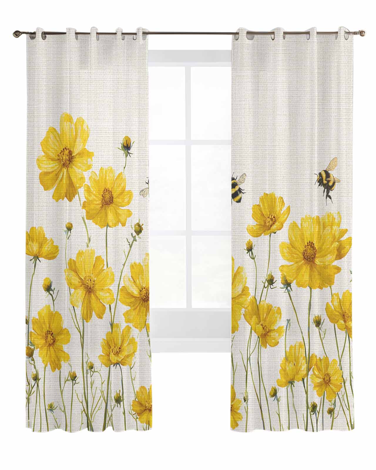 Yellow Flower Sheer Curtains 96 Inch Length 2 Panels Summer Bee ...