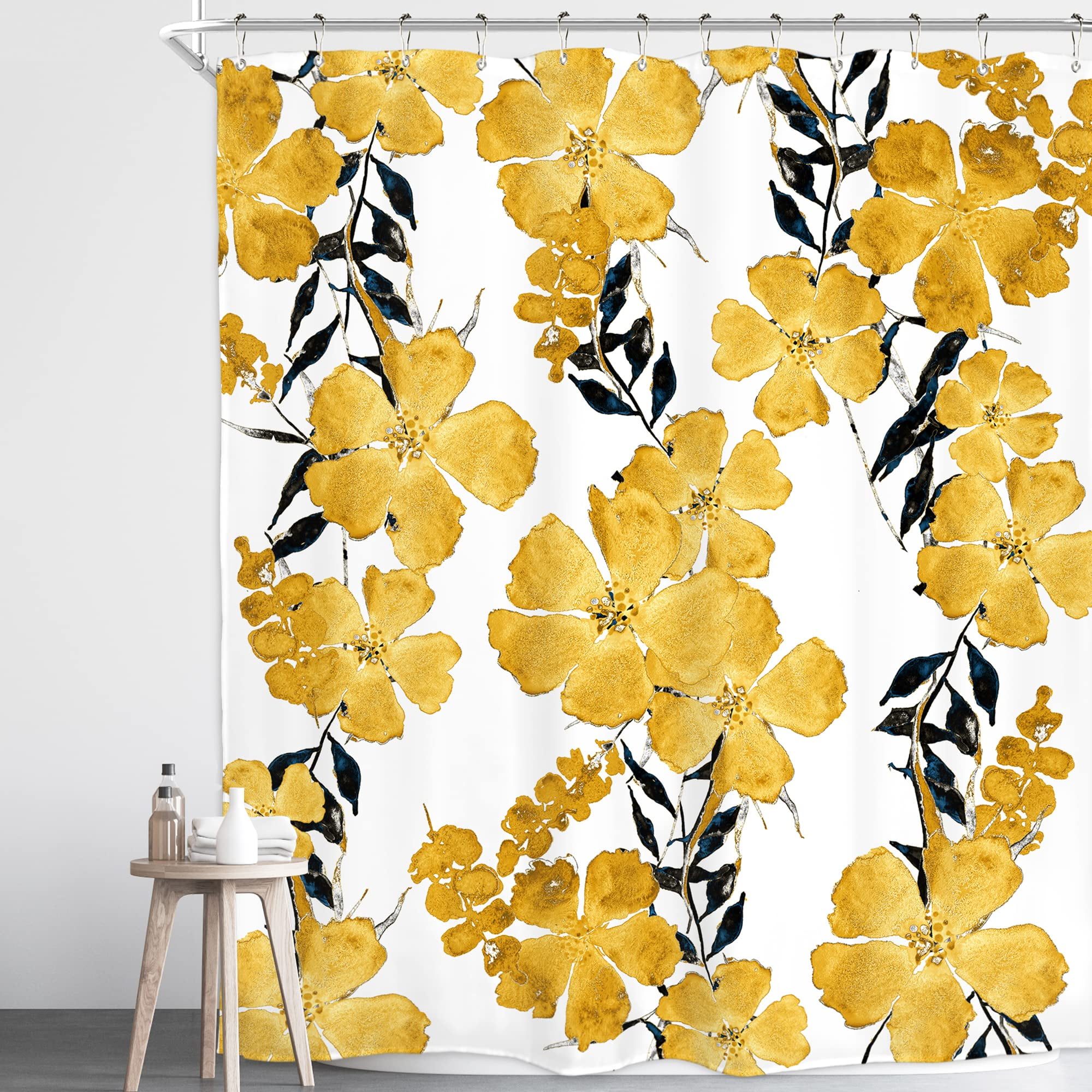Yellow Flower Shower Curtain Bathroom Fabric Grey Floral Cloth