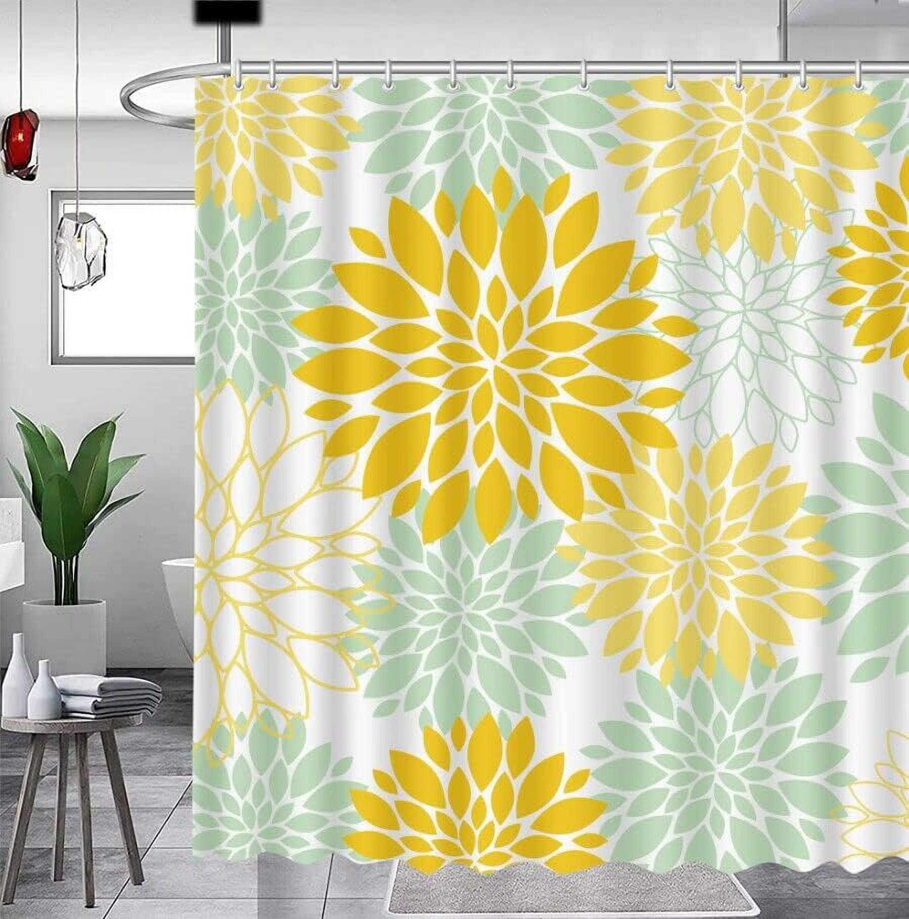 Yellow Flower Shower Curtain Dahlia Shower Curtain for Bathroom Sage Green Floral Shower Curtain Pinnata Wildflower Washable Waterproof Fabric Hotels Bathroom Decor with 12 Hooks 72" X 72"
