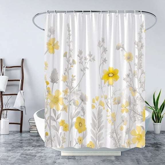 Yellow Flower Shower Curtain Rustic Farmhouse Vintage Nature Plant Watercolor Yellow Floral Gray Leaves Modern Fabric Bath Curtain Set with Hook