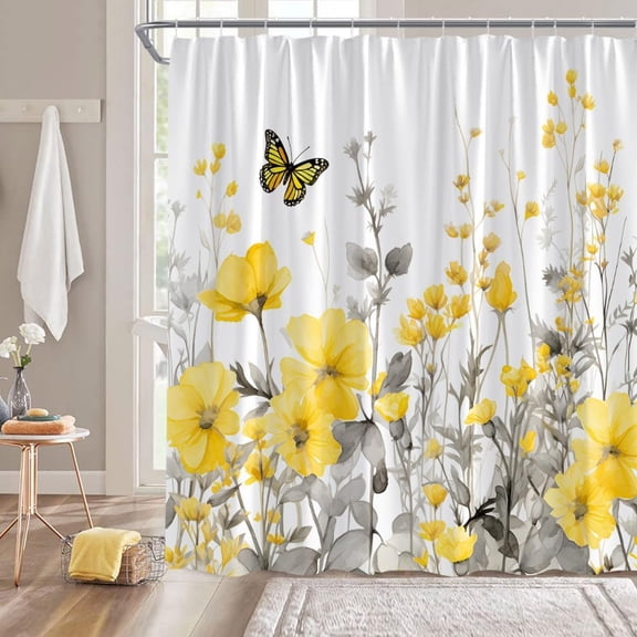 Yellow Flower Shower Curtain Rustic Farmhouse Watercolor Yellow Floral Butterfly Gray Leaves Modern Nature Plant Vintage Bathroom Decor Fabric Bathroom Sets with Hooks