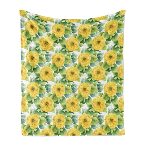 Yellow Flower Soft Flannel Fleece Blanket, Blooming Ranunculus Gardening Bedding Plants Leaves Watercolor Artwork, Cozy Plush for Indoor and Outdoor Use, 60" x 80", Yellow Fern Green, by Ambesonne