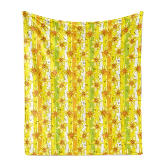 Yellow Flower Soft Flannel Fleece Blanket, Floral Spring Narcissus and Daffodil Jonquil Blooms Striped Backdrop, Cozy Plush for Indoor and Outdoor Use, 50" x 60", Yellow Apple Green, by Ambesonne