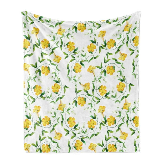 Yellow Flower Soft Flannel Fleece Blanket, Romantic Botanical Theme Bindweed Florets Shabby Design in Watercolors, Cozy Plush for Indoor and Outdoor Use, 50" x 70", Yellow Jade Green, by Ambesonne