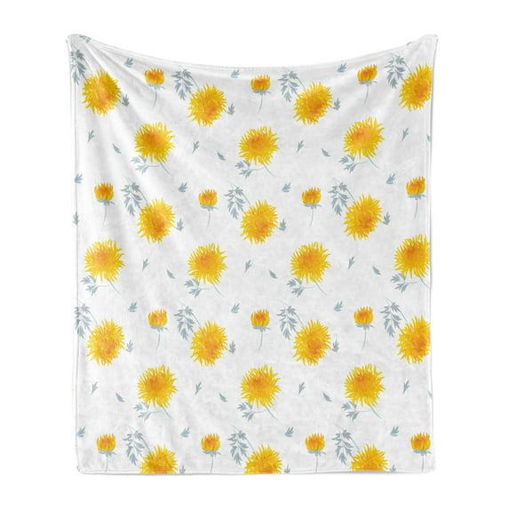 Yellow Flower Soft Flannel Fleece Blanket, Seasonal Autumn Florets Chrysanthemum Fall Leaves Natural Grace Theme, Cozy Plush for Indoor and Outdoor Use, 70" x 90", Mustard Pale Grey, by Ambesonne