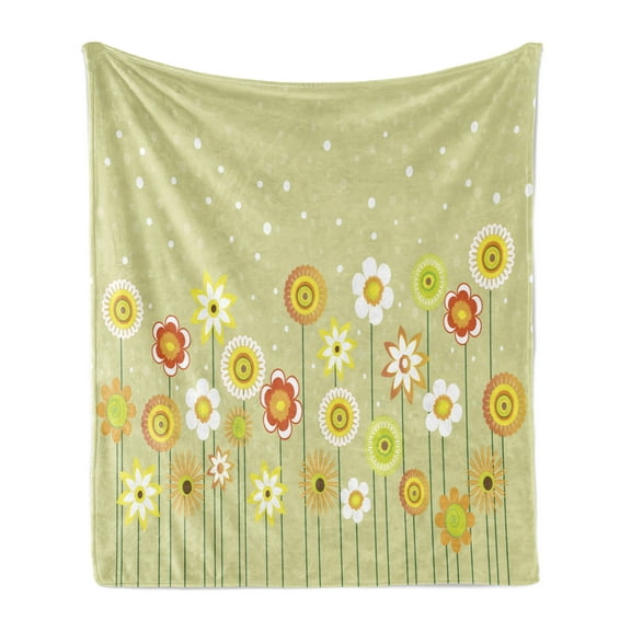 Yellow Flower Soft Flannel Fleece Throw Blanket, Colorful Meadow with Abstract Dots Playful Vegetation Growth, Cozy Plush for Indoor and Outdoor Use, 60" x 80", Pale Green Yellow, by Ambesonne