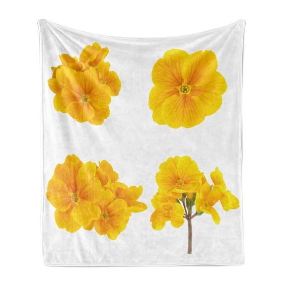 Yellow Flower Soft Flannel Fleece Throw Blanket, Gardening Themed Pattern Little Tender Primrose Primula Blossoms, Cozy Plush for Indoor and Outdoor Use, 50" x 70", Mustard White, by Ambesonne