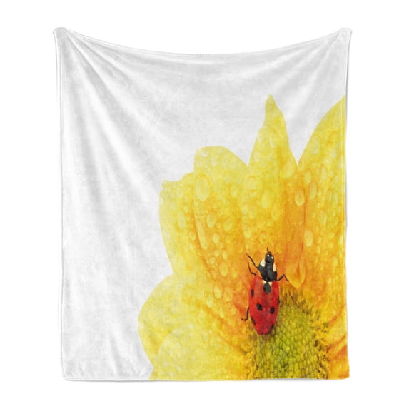 Yellow Flower Soft Flannel Fleece Throw Blanket, Little Ladybug on Gerbera Wet Petals Water Drops Fresh Garden, Cozy Plush for Indoor and Outdoor Use, 60" x 80", Yellow Vermilion, by Ambesonne