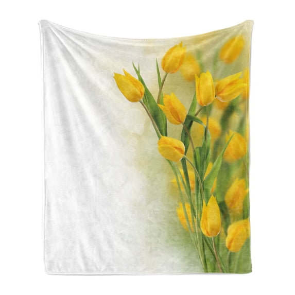 Yellow Flower Soft Flannel Fleece Throw Blanket, Romantic Tulip Bouquet Famous Plant of Netherlands Botanical Theme, Cozy Plush for Indoor and Outdoor Use, 60" x 80", Mustard Fern Green, by Ambesonne