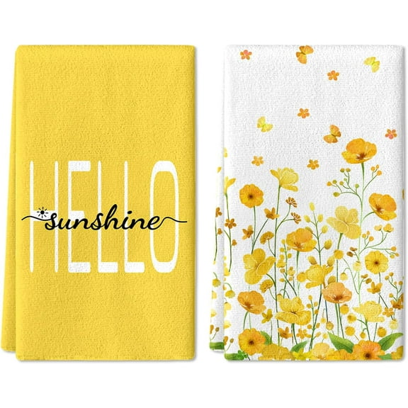 Yellow Flower Spring Hand Towel Set of 2, Hello Sunshine Hand Towels, 18x26 Inch, Summer Daisy Flower Towel for Bathroom Home Kitchen, Soft Towel Spring Summer Holiday Decoration