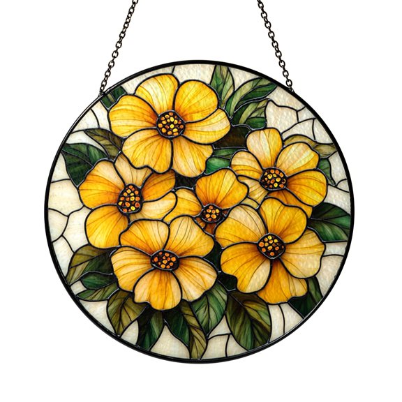 Yellow Flower Stained Glass Suncatcher Window Art, Simple Botanical Design Panel