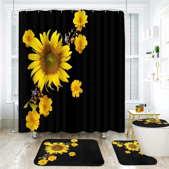 Yellow Flower Sunflower Bathroom Sets with Shower Curtain and Rugs and Accessories, Summer Spring Leaf Black Shower Curtain Sets, Floral Shower Curtains for Bathroom Decor 4 Pcs