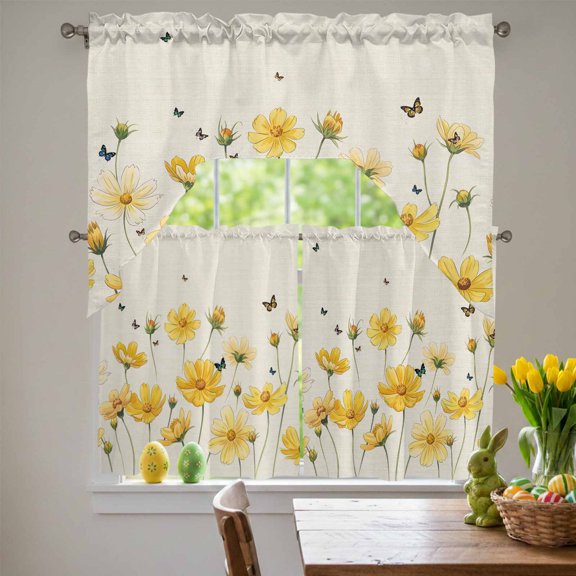 Yellow Flower Swag Curtains Valance & Tier Set, Country Farm Yellow Floral Bud Butterfly Leaf Linen 3 Pcs Set Kitchen Swag Valances and Tiers 36 Inch Length Rod Pocket Curtain Drapes for Bedroom