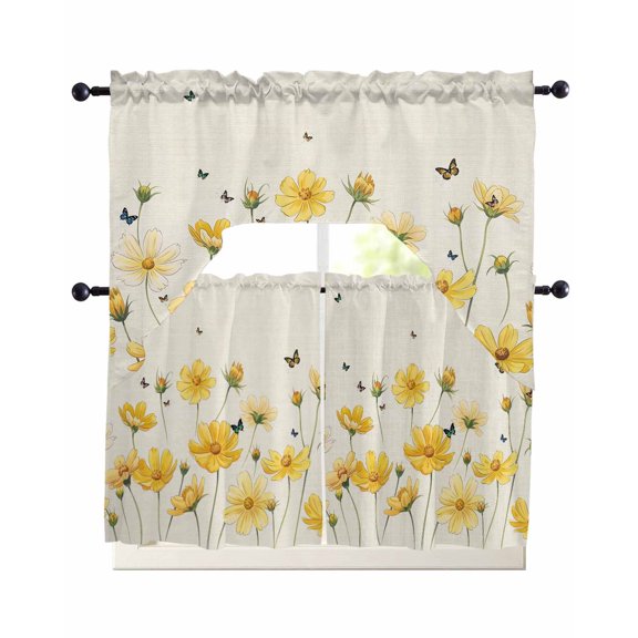 Yellow Flower Swag Valance for Window, 3 Piece Country Farm Yellow Floral Bud Butterfly Leaf Linen Light Filtering Swag Curtain Rod Pocket Kitchen Curtain Valance for Bedroom 3 Piece