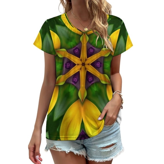 Yellow Flower Symmetric Kaleidoscope Design Women's Blouse Short Sleeve Women's Top T-Shirt Spring Summer Clothes