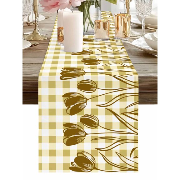 Yellow Flower Table Runners 48 Inches Long Tulip Floral Country Plaid Checkered Grid Kitchen Dining Table Runner Dresser Scarves for Party Coffee Holiday Party Decor