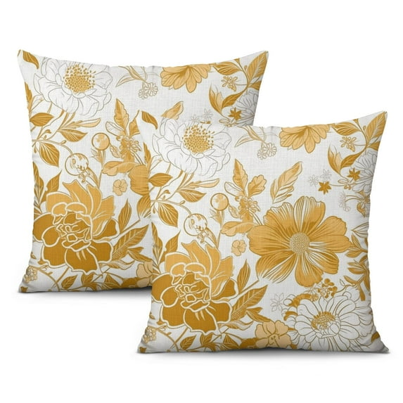 Yellow Flower Throw Pillow Covers 20"x20", Set Of 2, Linen Study Sofa Cushion Cover Indoor Living Room Home Decor