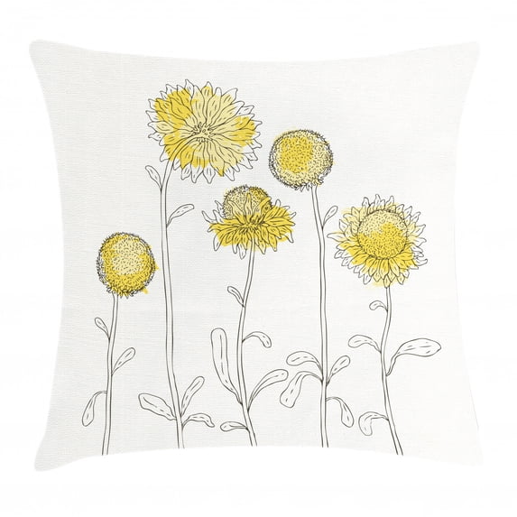 Yellow Flower Throw Pillow Cushion Cover, Hand Drawn Style Sunflowers on Twigs Petals Growth Botany Summertime, Decorative Square Accent Pillow Case, 24 X 24 Inches, Pale Yellow Black, by Ambesonne