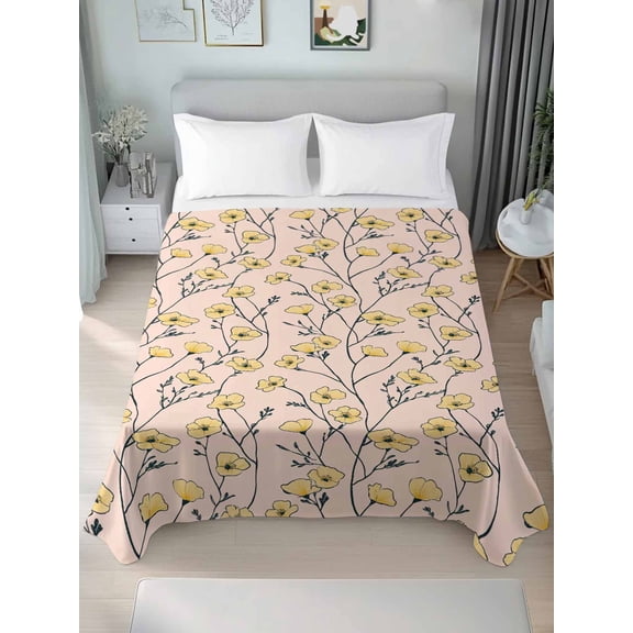 Yellow Flower Twim Size Flat Sheet, Wrinkleproof & Fadeproof Cooling Flat Bed Sheet Only, Tree Branch Leaves Spring Botanical Plant Breathable Soft Bedding Top Sheets 66 x 96 Inches