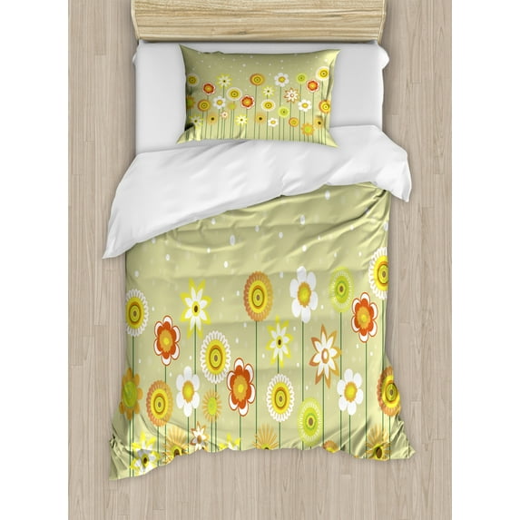 Yellow Flower Twin Size Duvet Cover Set, Colorful Artistic Meadow with Abstract Dots Playful Vegetation Growth, Decorative 2 Piece Bedding Set with 1 Pillow Sham, Pale Green Yellow, by Ambesonne
