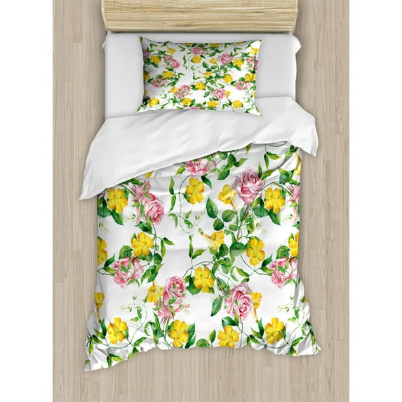 Yellow Flower Twin Size Duvet Cover Set, Flourishing Bindweed and Pink Roses Leaves Botanical Nature, Decorative 2 Piece Bedding Set with 1 Pillow Sham, Jade Green Yellow Baby Pink, by Ambesonne