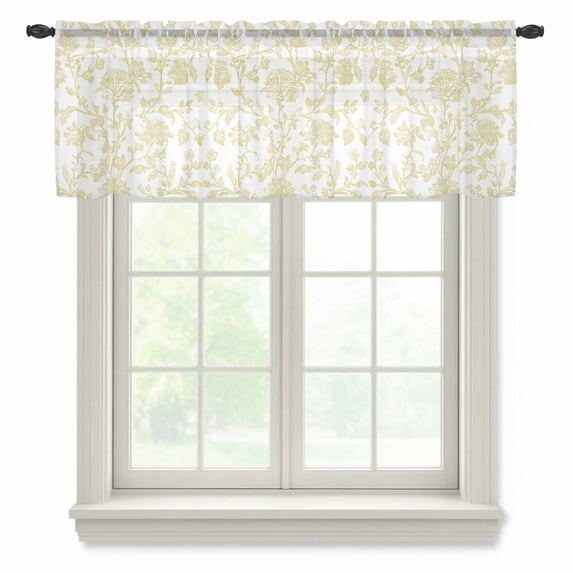 Yellow Flower Valance Curtains for Kitchen/Living Room/Bathroom/Bedroom Window, Rod Pocket Small Topper Half Short Window Curtains Voile Sheer Scarf, Vintage Farmhouse Boho Leaf Spring Plant 42"x12"
