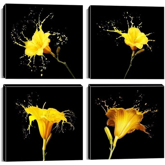 Yellow Flower Wall Art Black Canvas Wall Decor Modern Giclee Prints Artwork for Living Room Bedroom Office Bathroom Home Wall Decor Framed Ready to Hang (16x16inchx4)