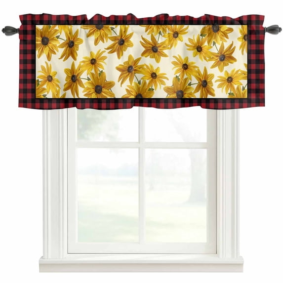 Yellow Flower Window Valance Curtain Black Red Check Plaid Rod Pocket Short Curtain for Living Room, Bedroom & Kitchen Window Decor 54x18in