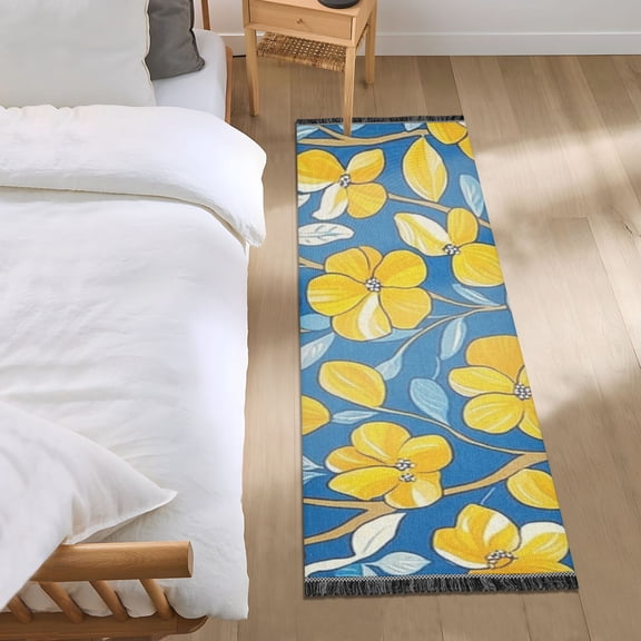 Yellow Flower and Blue Leave Bedroom Runner Rug 2'x 6' Non Slip Carpet Indoor Home Area Rug Living Room