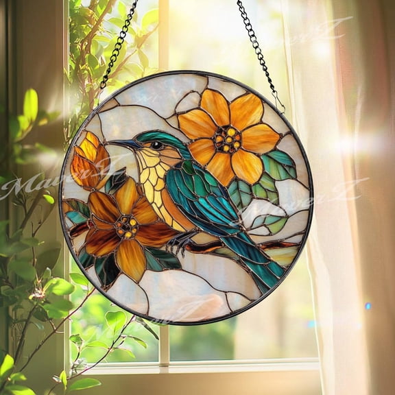 Yellow Flower and Bluebird Glass Suncatcher, Colorful Spring Window Art, Nature Decor, 7.9 in