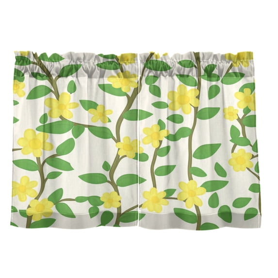 Yellow Flower and Vines 27"x36" Linen Look Cafe Curtain Set with Privacy and UV Protection