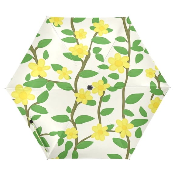 Yellow Flower and Vines Folding Umbrella UV50+ Waterproof Sun Protection Auto Open Close Compact Fiberglass Frame