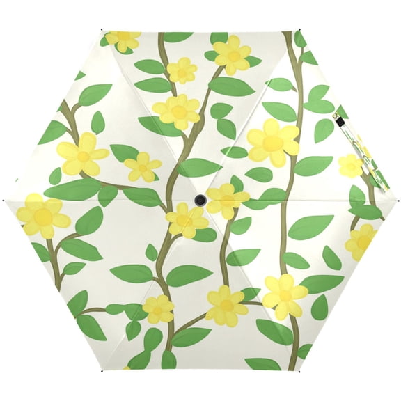 Yellow Flower and Vines Umbrellas for Sun Auto Open Close UV50+ Waterproof 5-Fold Compact Fiberglass Frame