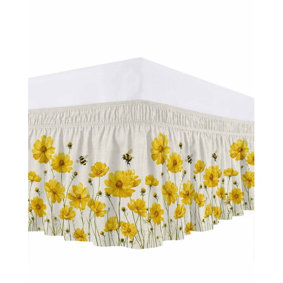 Yellow Flowers Bed Skirt King Size 18 Inch Drop, Spring Floral Bee Linen Texture Plant Watercolor Adjustable Elastic Dust Ruffles Bedskirt for King Bed Wrap Around Pleated Mattress Frame Cover