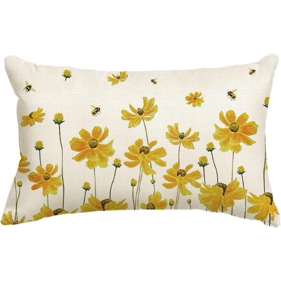 Yellow Flowers Bees Throw Pillow Cover, 12 x 20 Inch Spring Summer Cushion Case for Sofa Couch
