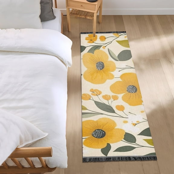 Yellow Flowers Beige Background Bedroom Runner Rug 2'x 6' Non Slip Carpet Indoor Home Area Rug Living Room